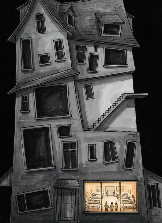 The façade — one lit window