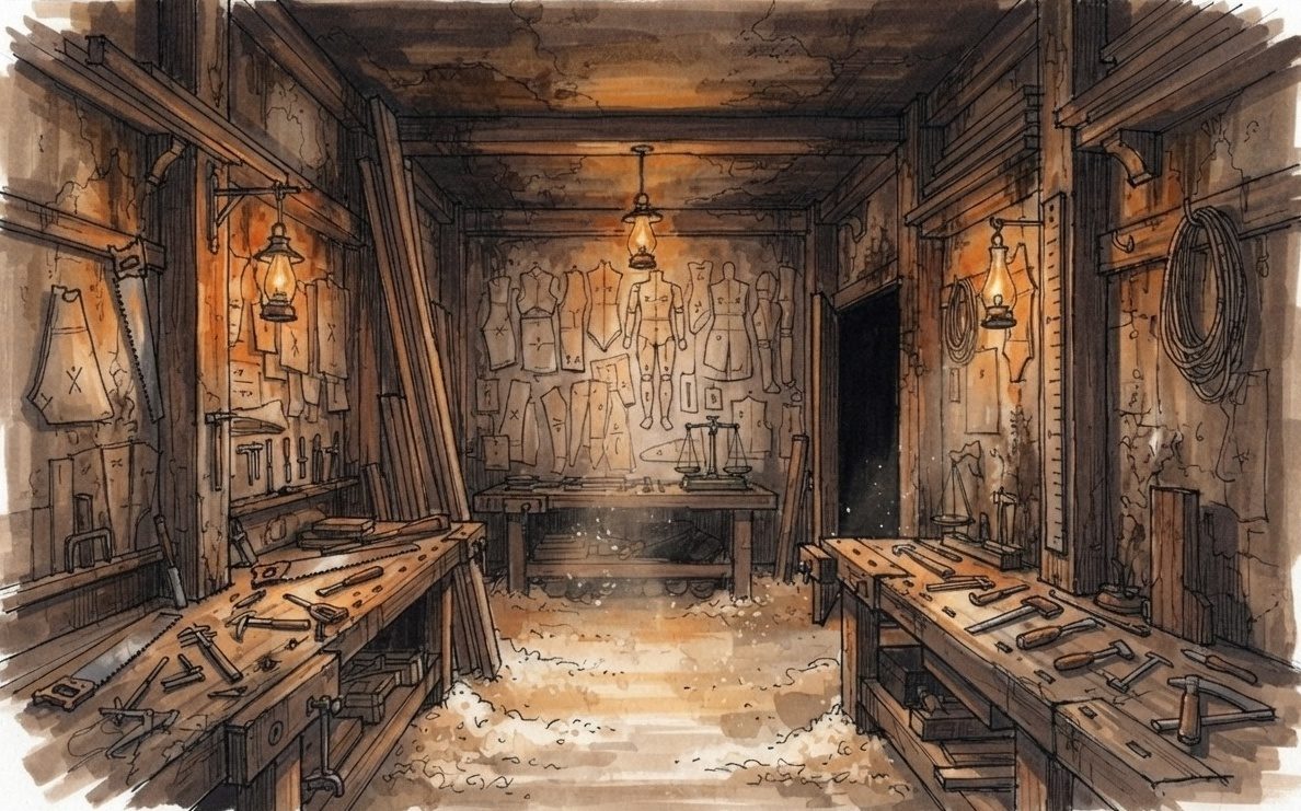 Sawdust & Sizing Room — concept art
